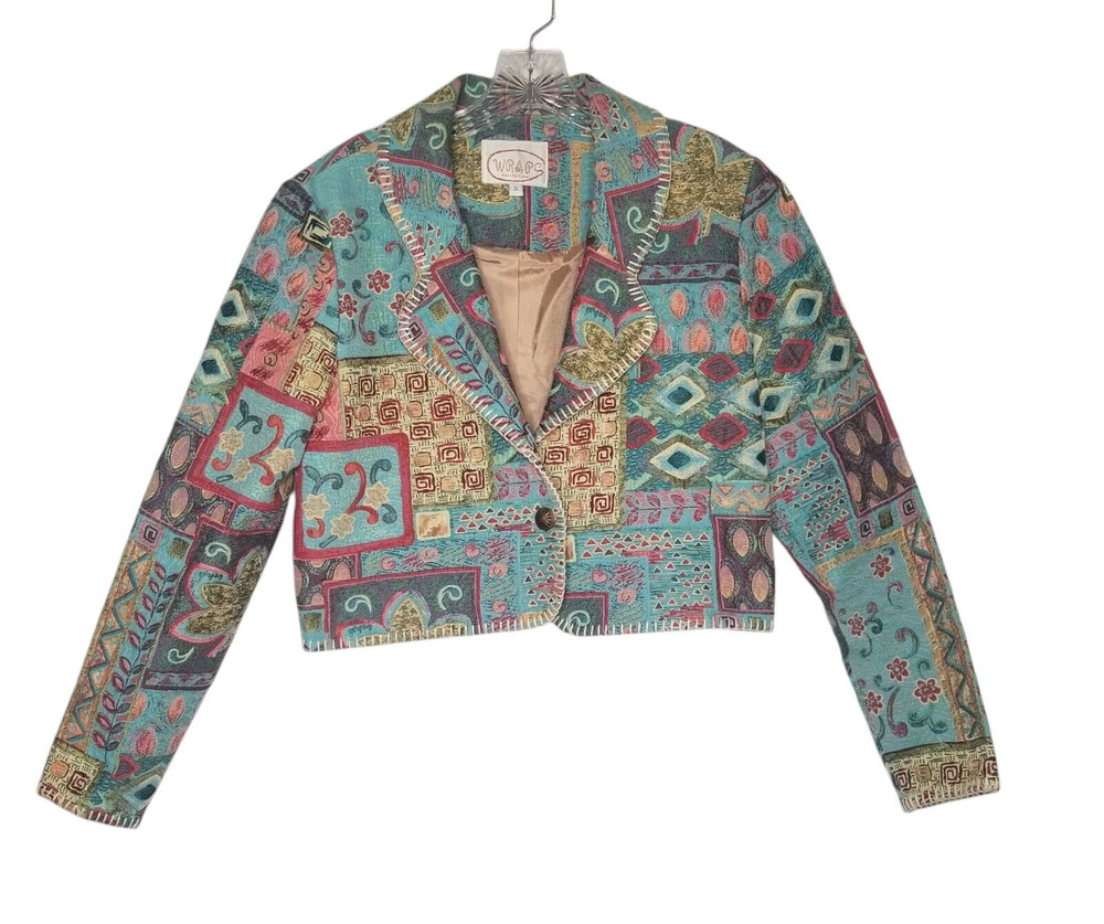 Vtg 90s Wraps Tapestry Cropped Blazer Small Southwestern Floral Western